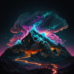 Lightning over the mountains, abstract theme colourful, element for backgrounds, banners, wallpapers, posters and covers. Generative Ai