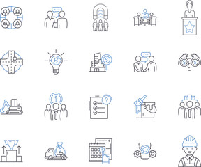 Factory production outline icons collection. Manufacture, Factory, Production, Fabricate, Assemble, Create, Process vector and illustration concept set. Generate, Construct, Output linear signs