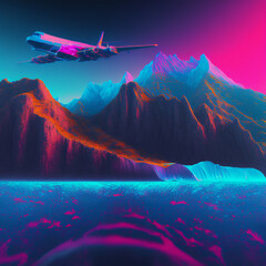 Plane, Lightning over the mountains, abstract theme colourful, element for backgrounds, banners, wallpapers, posters and covers. Generative Ai