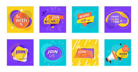 Welcome and Join Our Team set. Expansion of companys staff and search for candidate for vacancy. HR and human resources collection. Cartoon flat vector illustrations isolated on white background