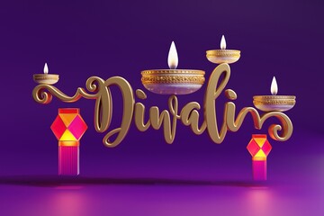 3D rendering for diwali festival Diwali, Deepavali or Dipavali the festival of lights india with gold diya on podium, patterned and crystals on color Background.