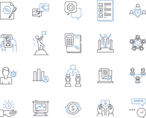 Assessment management outline icons collection. Assessment, Management, Evaluating, Rating, Testing, Measuring, Quantifying vector and illustration concept set. Scoring, Surveying, Analyzing linear