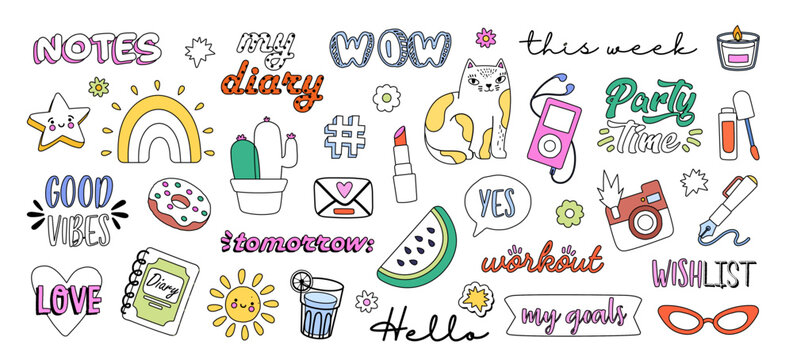 Small stickers for diaries. Collection of graphic elements for website. Multicolored inscriptions, rainbow and cat. Labels for notebooks. Cartoon flat vector illustrations isolated on white background