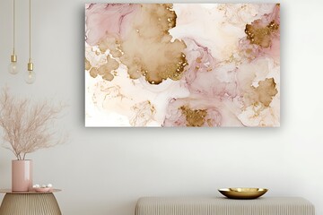 Abstract beige art with gold accents features a pink background with brown, lovely alcohol ink smudges, and golden pigment stains. The texture of beige fluid art is reminiscent of Generative AI