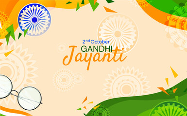 Mahatma Gandhi banner. Second October Gandhi Jayanti. Traditional Indian patterns. Symbol of freedom and independence, democracy. Design element for greeting postcard. Cartoon flat vector illustration