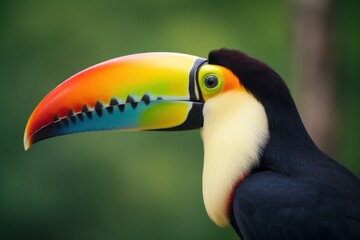 Wild toucan portrait. Tropical colorful bird. Big horn exotic bird face. Brazilian toucan side view. Generative AI wildlife