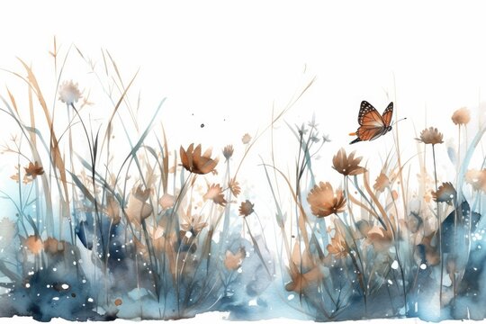 Horizontal floral border with fluttering butterflies, dragonflies, and plants and grasses in an abstract blue color. Summer meadow panorama watercolor design on a white backdrop. Generative AI