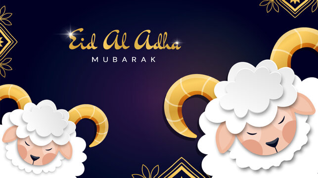 Kurban Bayram with sheeps. Traditional Islamic holiday and oriental festival. Design for greeting postcard for Ramadan. Eid al Adha Mubarak. Feast of sacrifice. Cartoon flat vector illustration