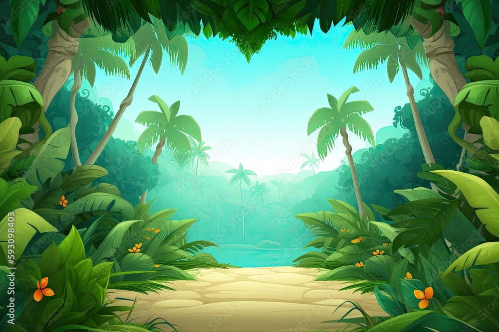 Poster lush jungle with a winding path through the trees. generative ai