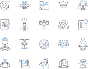 Factory workflow outline icons collection. Factories, Workflow, Production, Manufacturing, Process, Quality, Machines vector and illustration concept set. Automation, Output, Logistics linear signs