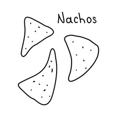 Mexican corn chips nachos or tortilla chips, doodle style flat vector outline for coloring book