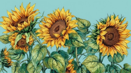 Fototapeta na wymiar Yellow sunflowers on a light blue background created with generative AI technology