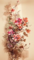 Pink flowers on a vine on a light brown background, watercolor paint created with generative AI technology