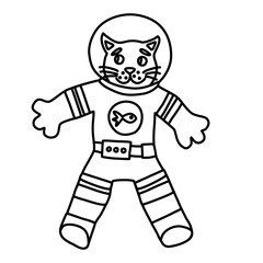 Cute cartoon style cat astronaut, doodle style flat vector outline for coloring book