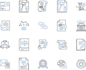 Legal business outline icons collection. Law, Business, Legal, Corporate, Contract, Litigation, Agreement vector and illustration concept set. Compliance, Regulations, Statutes linear signs