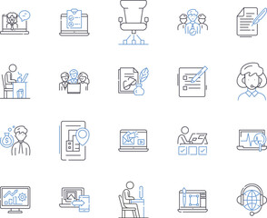 Remote team outline icons collection. Remote, Team, Digital, Workforce, Networked, Contractors, Connected vector and illustration concept set. Offsite, Telecommuting, Distributed linear signs