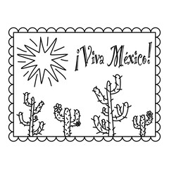 Card with cactus, sun and Viva Mexico text, doodle style flat vector outline for coloring book