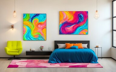 Photo of a cozy bedroom with two beautiful paintings hanging on the wall