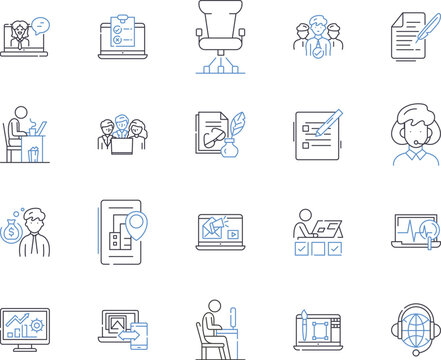 Remote team outline icons collection. Remote, Team, Digital, Workforce, Networked, Contractors, Connected vector and illustration concept set. Offsite, Telecommuting, Distributed linear signs