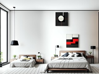Photo of a cozy and minimalist bedroom with a beautiful painting on the wall