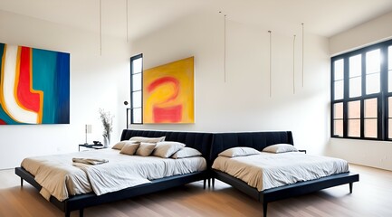 Photo of a cozy bedroom with twin beds and a beautiful painting hanging on the wall