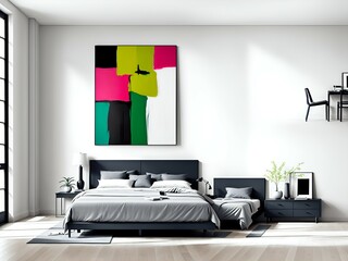 Photo of a cozy bedroom with a beautiful painting as the centerpiece