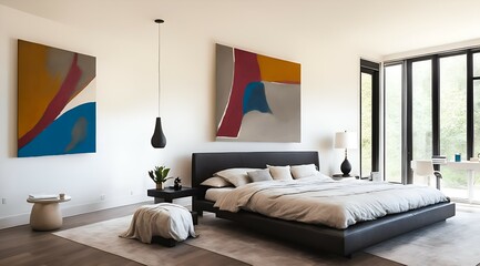 Photo of a cozy and spacious bedroom with a beautiful painting on the wall
