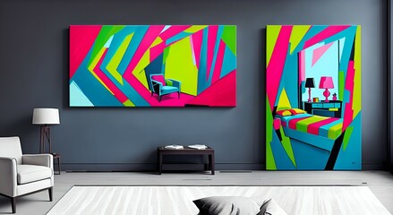 Photo of a cozy living room with two colorful paintings on the wall