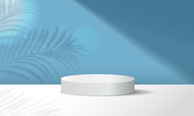 Podium with shadow. White pedestal under beam against blue wall. Place for presentation and advertising of cosmetic products. Stage or platform for marketing. Realistic 3D vector illustration