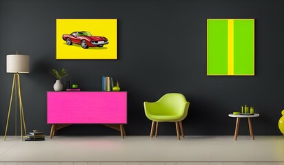 Photo of a modern living room with a statement green chair and a pop art style red car print on the wall