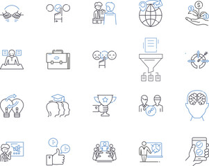 Corporation goals outline icons collection. Profitability, Growth, Expansion, Efficiency, Quality, Reach, Innovation vector and illustration concept set. Return, Success, Prospects linear signs