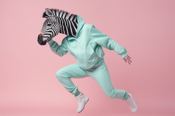 a zebra dressed in sportswear jumping, created with Generative AI technology