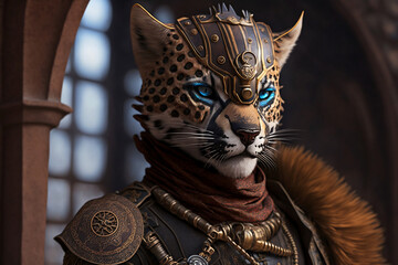 Fototapeta premium A leopard hybrid is dressed in a steampunk outfit in the front. AI