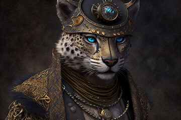 A leopard hybrid is dressed in a steampunk outfit in the front. AI