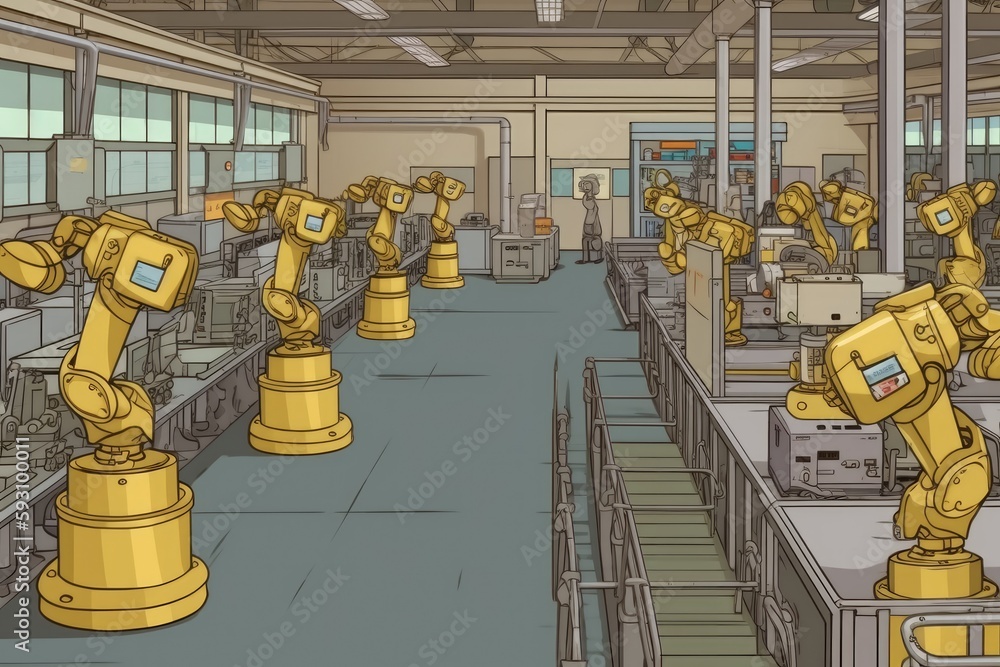 Poster futuristic factory with an army of yellow robots working in unison. generative ai