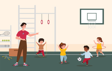 Fototapeta premium Children in gym concept. Physical education teacher gives instructions to teens and schoolchildren. Schoolboy jumping rope, boy kicking soccer ball, girl with hoop. Cartoon flat vector illustration