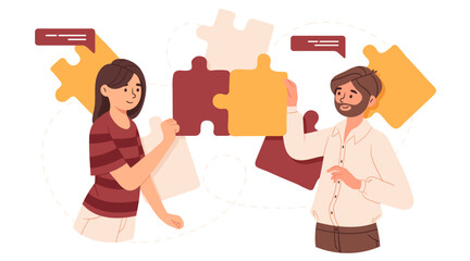 Colleagues with puzzle concept. Teamwork, collaboration and cooperation. Organization of effective workflow in office. Man and woman working on common project. Cartoon flat vector illustration