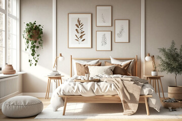 A bedroom with Scandinavian style that features natural wood furniture and a beige color scheme. AI