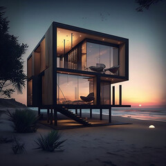 A modern luxury beach house with a small size. Ai
