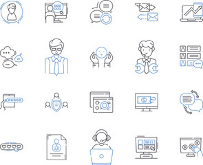 Management basics outline icons collection. Leadership, Planning, Hiring, Organising, Monitoring, Budgeting, Delegating vector and illustration concept set. Training, Communication, Time-Management