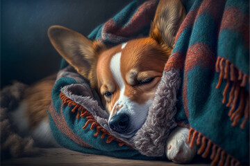 a corgi all snuggled up and warm in a cozy blanket on a winter day, Generative AI