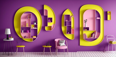 Photo of a cozy living room with a vibrant yellow and purple color scheme