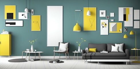 Photo of a cozy living room with a vibrant yellow accent wall and a curated gallery of framed artwork