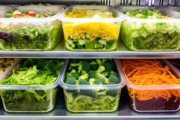 Vegetable salads in plastic containers for sale in a commercial fridge, plastic waste problems. High quality generative ai