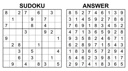 Vector sudoku with answer 22. Educational game with numbers for kids and leisure for adult on white background.