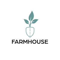 Farmhouse vector logo design. Shovel and plant logotype. Gardening and Farming logo template.