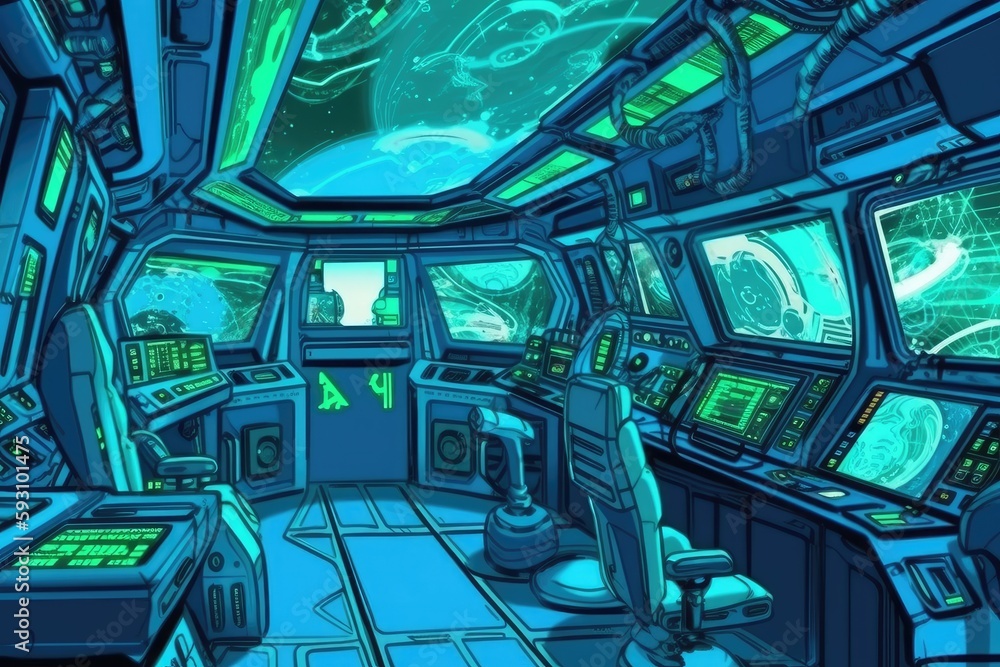 Poster high-tech control room with numerous computer monitors. generative ai