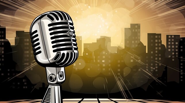 Retro Style Microphone on a Stage with Comic Background