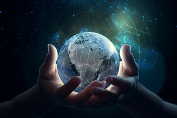 hand holding a technological earth globe - obrazy, fototapety, plakaty