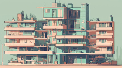 Artistic impression of a 1970s style apartment building with pastel pink and green tones.